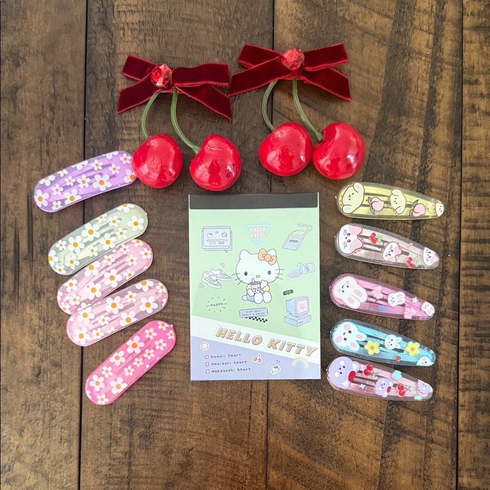 Hello Kitty Cherry and Floral Hair Clip Collection with mini book